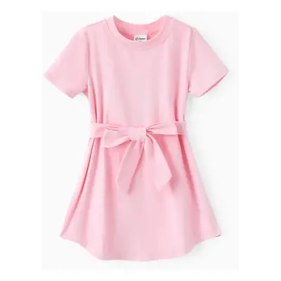 Toddler Girl Solid Curved Hem Short-sleeve Belted Dress