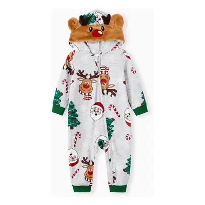 Grey Christmas Pajamas 3D Reindeer Pattern Zipper Onesies Matching Family Outfits