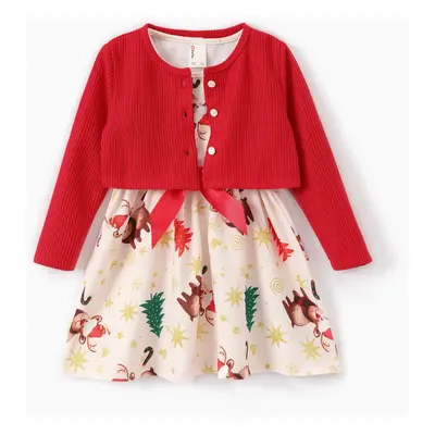 2PCS Toddler Girl Childlike Button Feature Christmas Coat/Skirt Set