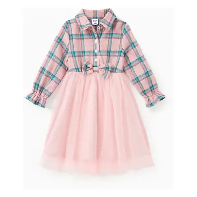 Family Matching Pink Plaid Sets Long Sleeves Shirt or Tulle Mesh Dress