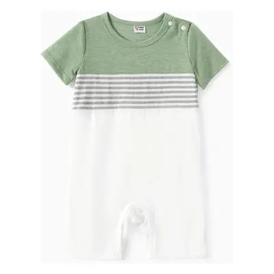 Family Matching Colorblock Stripe Tee and Green Button A-Line Dress Sets