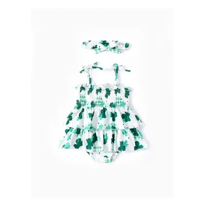 Baby Girl St. Patrick's Day 2pcs Green Clover Print Ruffled Romper with Headband