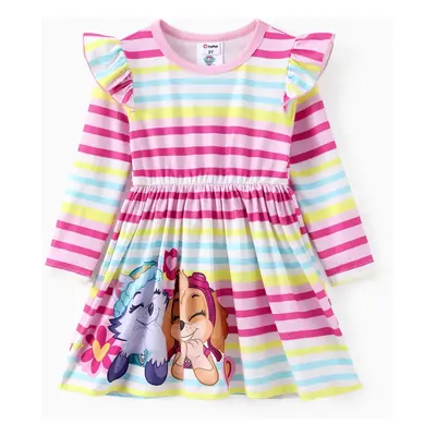 Paw Patrol Toddler Girls Character Rainbow Striped Print Ruffle Long Sleeve Dress