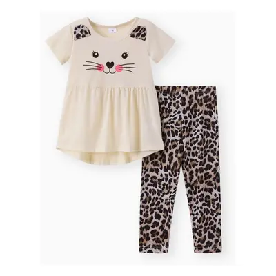 2-piece Toddler Girl Letter Cat Print Ear Design Tee and Leopard Print Pants Set