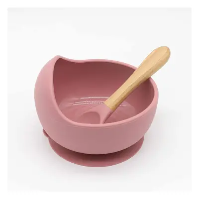 2Pcs Baby Silicone Suction Bowl and Spoon with Wood Handle Baby Toddler Tableware Dishes Self-Fe