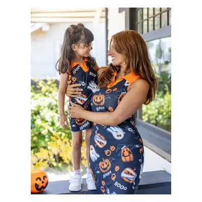 Halloween Family Matching Sets Allover Pumpkin Ghost Spiderweb Pattern Polo Shirt or Ruched Slee