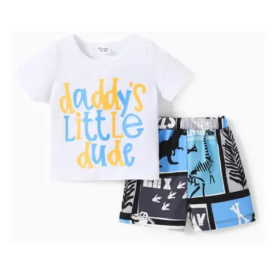 2pcs Baby Boy Cotton Short-sleeve Letter Graphic Tee and Dinosaur Print Shorts Set