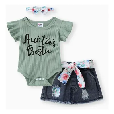 3pcs Baby Girl 100% Cotton Belted Ripped Denim Skirt and Letter Print Ribbed Flutter-sleeve Romp