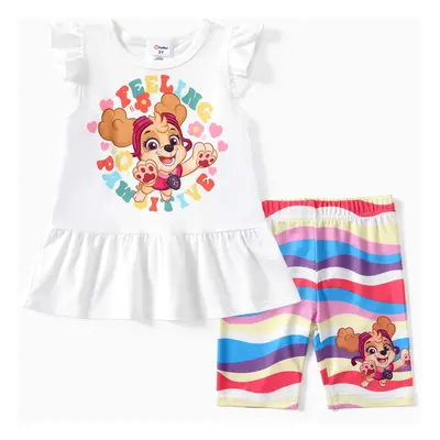 Paw Patrol Toddler Girls 2pcs Cute Character Floral Print Flutter-sleeve Top with Flower Rainbow