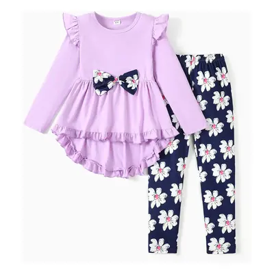 2-piece Kid Girl Bowknot Ruffled Long-sleeves Tee and Flower Allover Print Pants