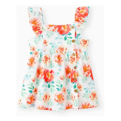 Toddler Girl Floral Print/Coral Red Square Neck Button Design Flutter-sleeve Dress