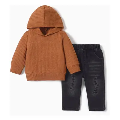 2-piece Baby Boy/Girl Waffle Hoodie Sweatshirt and 100% Cotton Ripped Denim Jeans Set