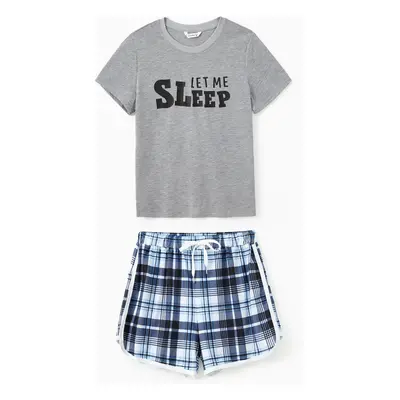 Family Matching Pajamas Sets Let Me Sleep Slogan Print Top Blue Plaid Drawstring Shorts