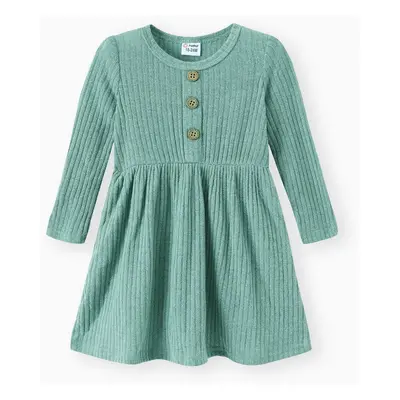 Toddler Girl Solid Color Button Design Ribbed Long-sleeve Dress