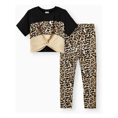 2pcs Kid Girl Leopard Print Twist Short-sleeve Tee and Pants Set