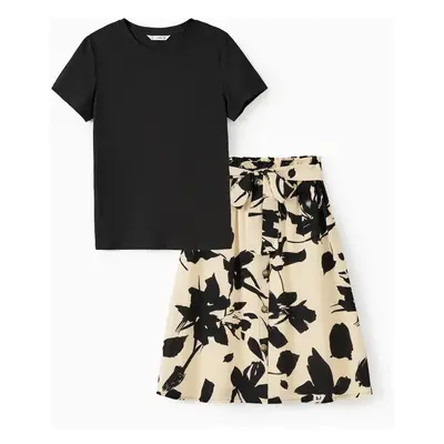 Family Matching Sets Allover Floral Shirt or Black Tee Plus Elastic Waist Floral Skirt Co-ord Se