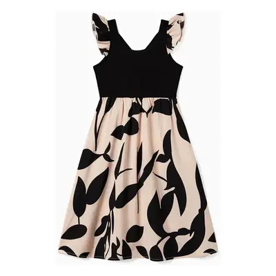 Family Matching Cross Back Floral Strap Dress and Colorblock Top Sets