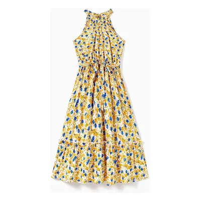 Family Matching Color Block Sunny Tee and Yellow Ditsy Floral High Neck Halter Sateen Dress Sets