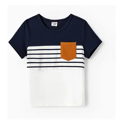 Family Matching Stripe Patched Pocket Belted Dresses and Colorblock Striped T-shirts Sets