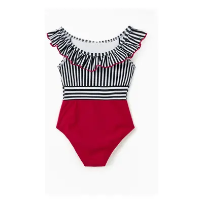 Family Matching Striped Swim Trunks Shorts and Ruffle Splicing One-Piece Swimsuit