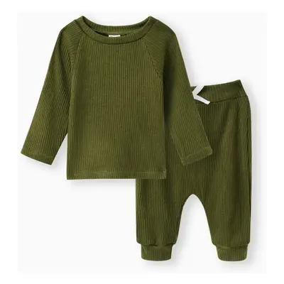 Baby Boy/Girl 3pcs Solid Ribbed Long-sleeve Pullover and Trouser Set