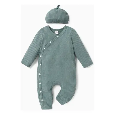 2pcs Baby Boy/Girl Solid Rib Knit Button Front Long-sleeve Jumpsuit with Hat Set