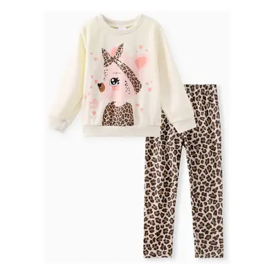 2PCS Toddler Girl Childlike Animal Pattern Leopard Grain Set