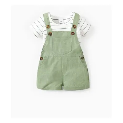 2pcs Stripe Print Pocket Decor Short-sleeve Baby Set