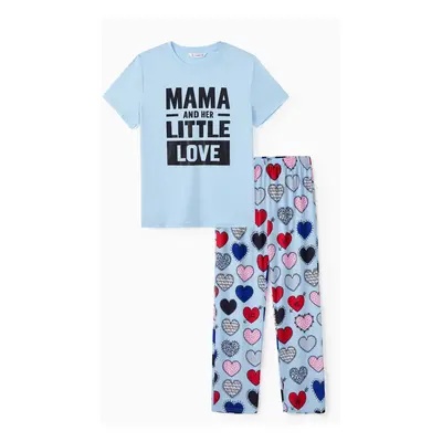 Family Matching Text and Heart Print Polyester Pants and Tops Pajamas Sets