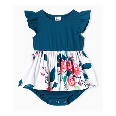 Family Matching Solid V Neck Flutter-sleeve Splicing Floral Print Dresses and Short-sleeve Color