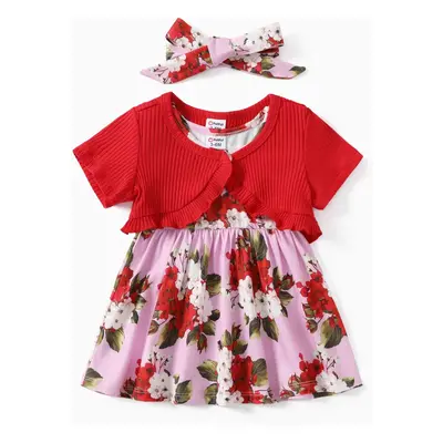 Baby Girl 3pcs Ruffled Cardigan and Floral Print Dress with Headband Set