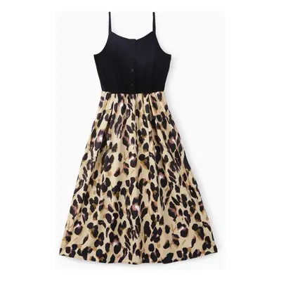 Leopard Print Splice Black Sling Dresses for Mommy and Me