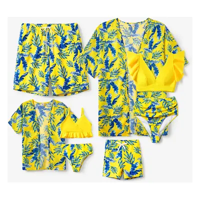 Family Matching Yellow Leaf Print Swim Trunks or Ruched Flutter Sleeve Bikini with Optional Swim