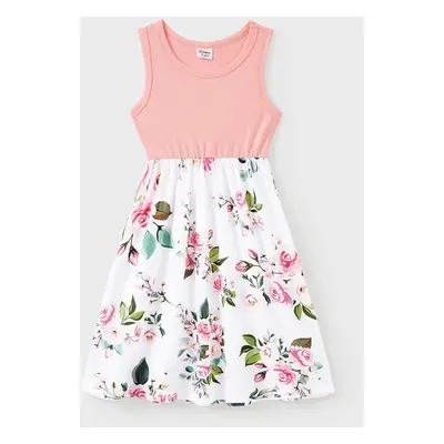 Family Matching Pink Sleeveless Splicing Floral Print Midi Dresses and Colorblock Short-sleeve P