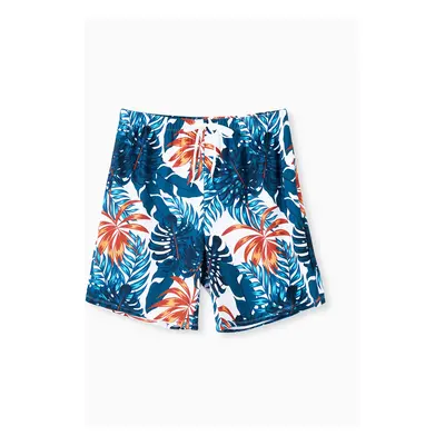 Family Matching Swimsuits Tropical Leaf Pattern Drawstring Swim Trunks or Cross Strap Flowy Tank