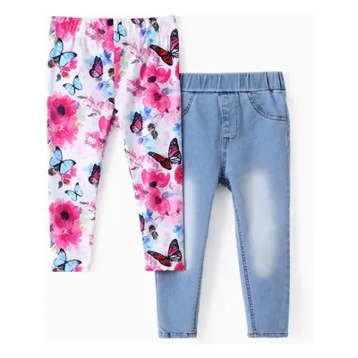 Toddler/Kid Girl 2pcs Floral Print Leggings ＆Solid Denim Jeans Set