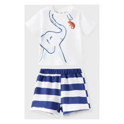 Elephant Pattern 2-Piece Toddler Boy's Casual Short-Sleeved Shirt and Striped Shorts Set