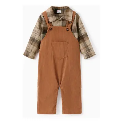 2pcs Baby Boy Buttons Front Plaid Long-sleeve Shirt and Pocket Ribbed Solid Overalls Set