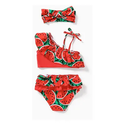 3pcs Baby Girl Watermelon Print Ruffle Trim Swimwear Set