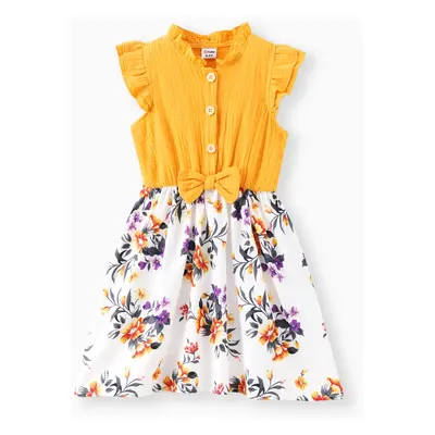 Kid Girl Ruffle Collar Floral Print Button Design Flutter-sleeve Dress