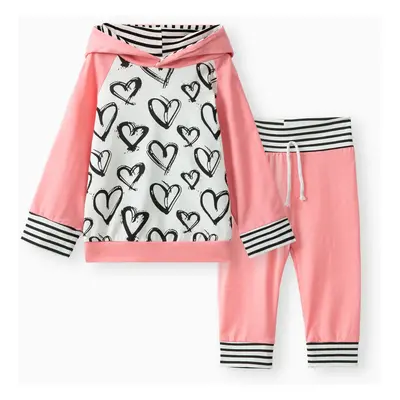 2pcs Heart and Striped Print Hooded Long-sleeve Pink Baby Set