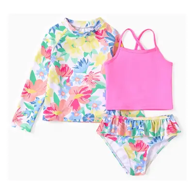 Sweet Tropical Ruffle 3pcs Swimsuit for Girls - Polyester & Spandex