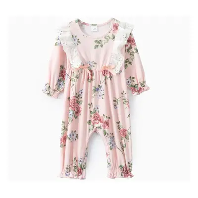 Floral Allover Bow and Lace Decor Long-sleeve Baby Jumpsuit