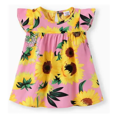 Baby Girl 100% Cotton Cotton Sunflower Print Flutter-sleeve Dress