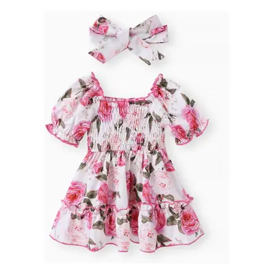 Baby Girl 2pcs Floral Pattern Puff Sleeves Ruffled Dress and Headband Set