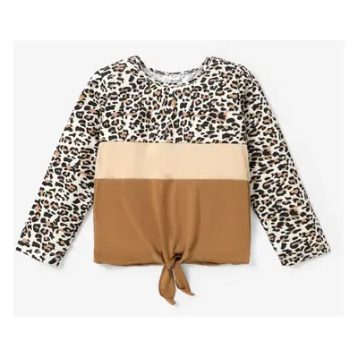 Kid Girl Leopard Print Colorblock Tie Knot Long-sleeve Tee