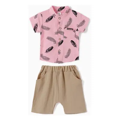 2pcs Baby Boy 100% Cotton Short-sleeve All Over Feather Print Button Up Shirt and Solid Shorts S