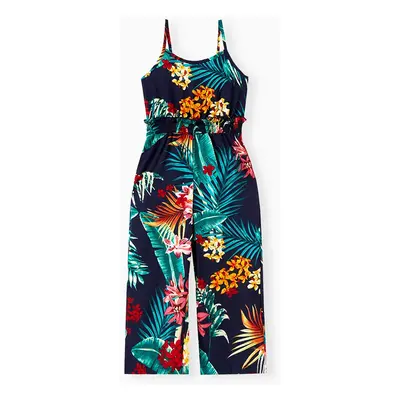 Mommy and Me Matching Tropical Floral Pattern Shirred Waist Long Pants Jumpsuits with Pockets