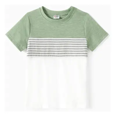 Family Matching Colorblock Stripe Tee and Green Button A-Line Dress Sets