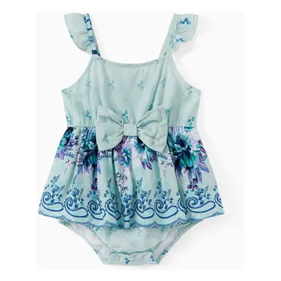 Family Matching Light Blue Tee and Flowy Floral Shirred Back Belted Strap Dress